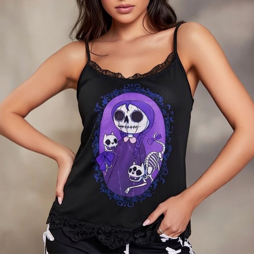 🌟Gothic Grunge Skeleton Cat Lace Cami Top Dark Academia Y2K Spooky - L
